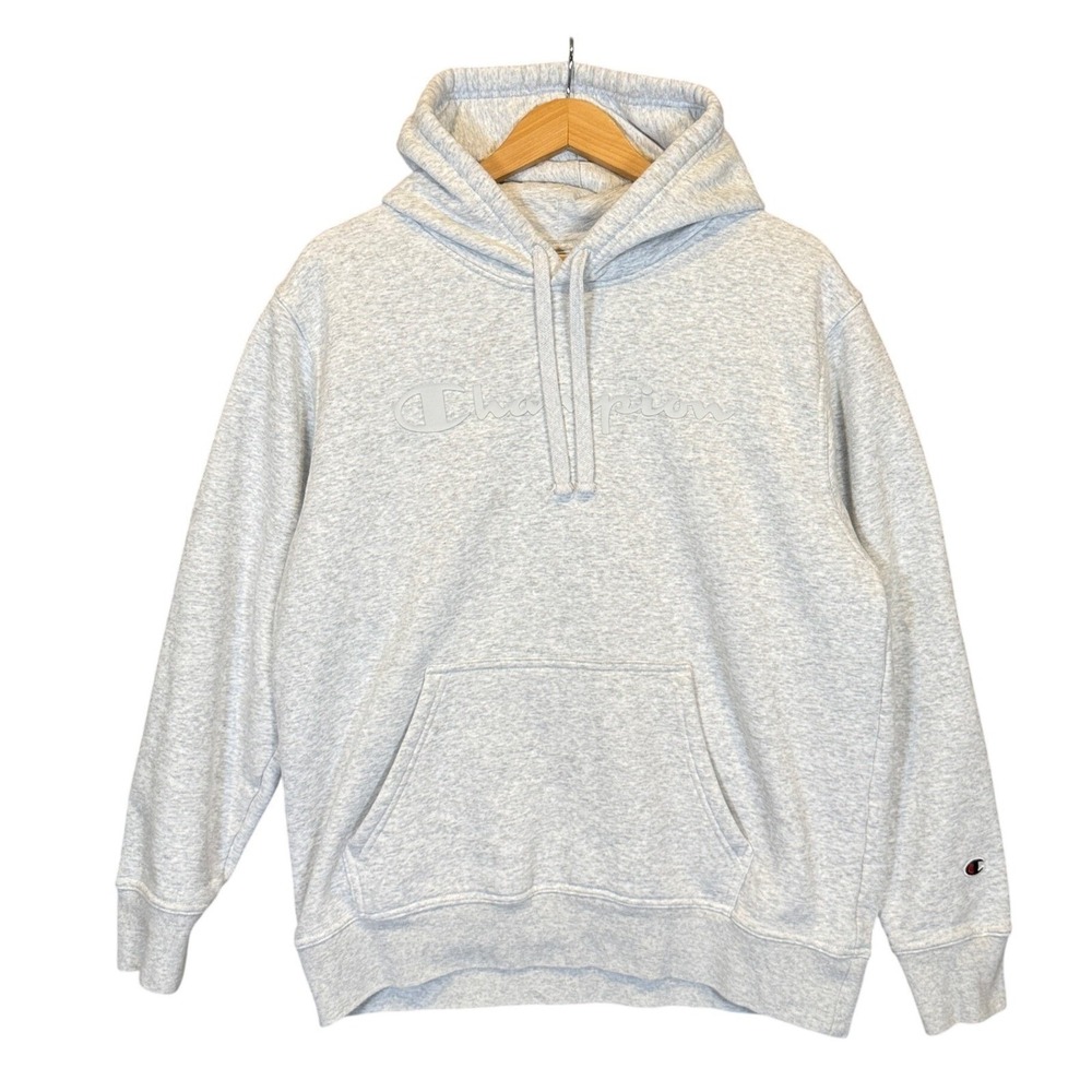 Champion Hoodie Sweatshirt Mens Script Logo Large Heather Gray